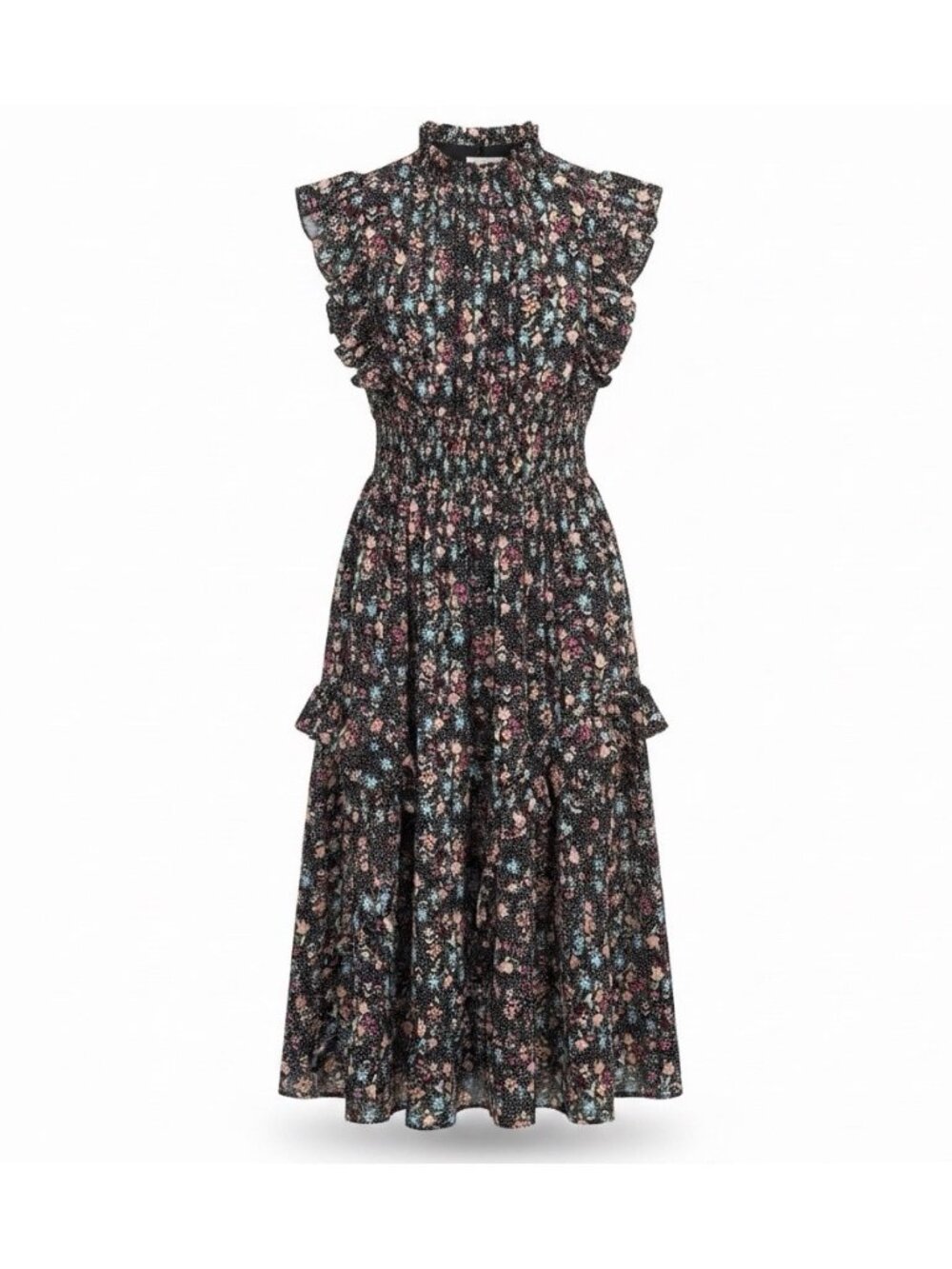 Nanette Lepore Womens Black Floral Midi Dress Ruffled Sleeveless Size 8